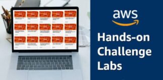 Free Cloud Computing Courses: Complete Guide & 8-Week Roadmap AWS Hands-On Challenge Labs interface showing a grid of practical cloud exercises on a laptop screen, representing free sandbox-based learning for AWS services.