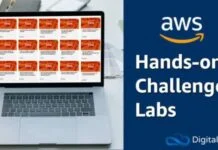 Free Cloud Computing Courses: Complete Guide & 8-Week Roadmap AWS Hands-On Challenge Labs interface showing a grid of practical cloud exercises on a laptop screen, representing free sandbox-based learning for AWS services.
